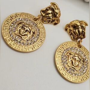 Gold Medusa Face Drop Earrings